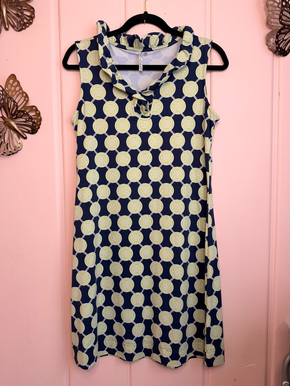 Lulu-B Navy Sleeveless Midi Dress with Yellow Circle Print and Ruffle Neck SzS
